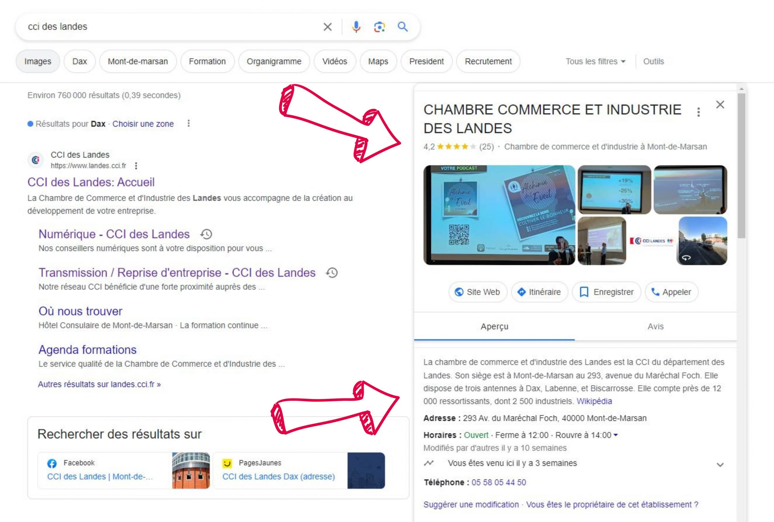 Fiche Google My Business de la CCI des Landes